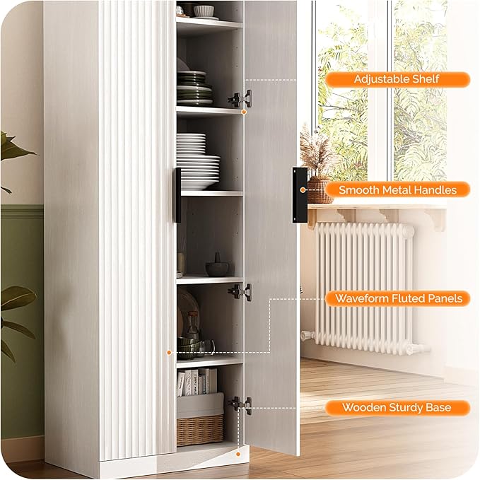 VINGLI 70" Modern Pantry Cabinet with Fluted Doors, 5 Adjustable Shelves, Tall Storage Solution for Kitchen, Dining Room, or Living Room, White