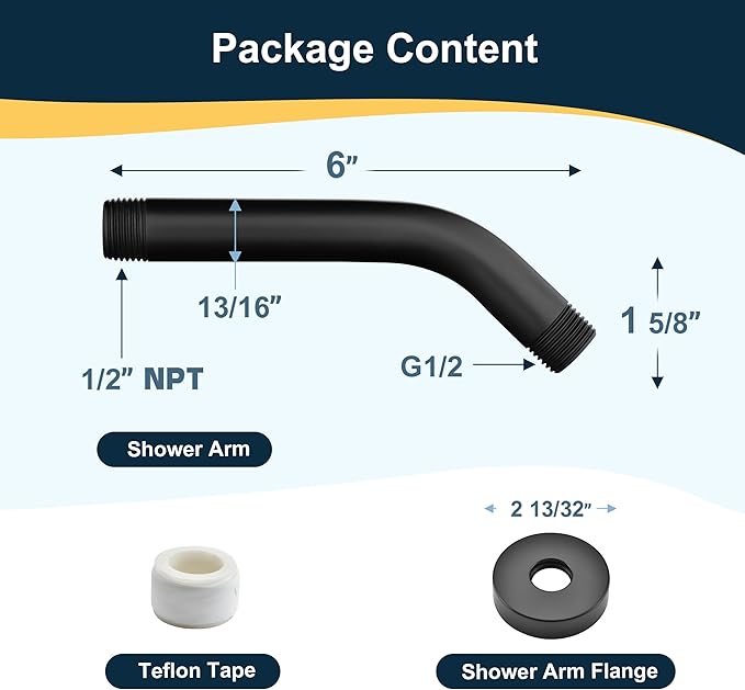 BRIGHT SHOWERS Shower Arm with Flange, Solid Brass 6 Inch Wall Mount Shower Head Extension, Extra Thick All Metal Shower Pipe Arm and Shower Neck Replacement, Matte Black