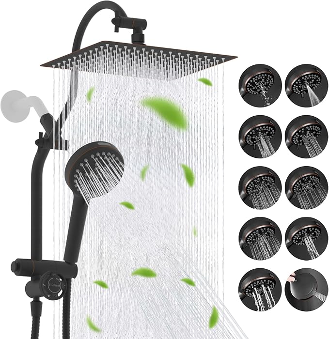 Hibbent cUPC Certified All Metal 12" Rainfall Showerhead Combo, High Pressure Shower Head with 10-Sprays Handheld, 4-way Diverter with Pause Mode, 71'' Shower Hose & Holder, Oil Rubbed Bronze