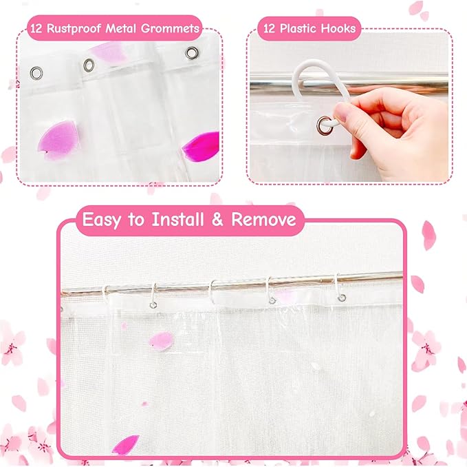Clear Pink Floral Shower Curtain Liner, Cute Plastic Transparent Cherry Blossom Shower Curtain, Girly Flower Petals Spring Shower Curtains for Bathroom, 72x72 Shower Curtain Set with Magnets 12 Hooks