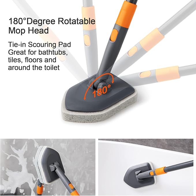 Tile Tub Scrubber Brush with 3 Different Function Cleaning Heads and 56" Extendable Long Handle-No Scratch Shower Scrubber for Cleaning Bathroom Kitchen Toilet Wall,Bathtub,Sink,Grey
