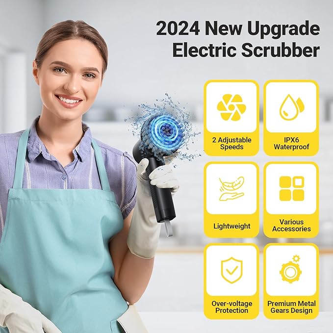 Electric Spin Scrubber, 2000 mAh Cordless Power Scrubber with 4 Replaceable Heads, 2 Speeds Portable Scrubber for Cleaning Sink/Stove/Corner/Tile/Grout/Bowl (Black)