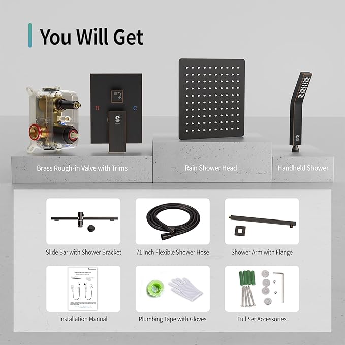 SR SUN RISE 12 Inch Oil Rubbed Bronze Shower Faucet Set, Wall-Mount Adjustable 16-Inch Slide Bar with Square Hand Shower System Included Valve and Trim Kit