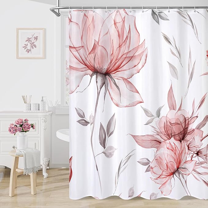Extra Long Boho Watercolor Floral Shower Curtain 72 x 84, Red and Grey Ink Painting Style Flower Shower Curtains for Chic Elegant Bathroom, Artistic XL Fabric Cloth Shower Curtain