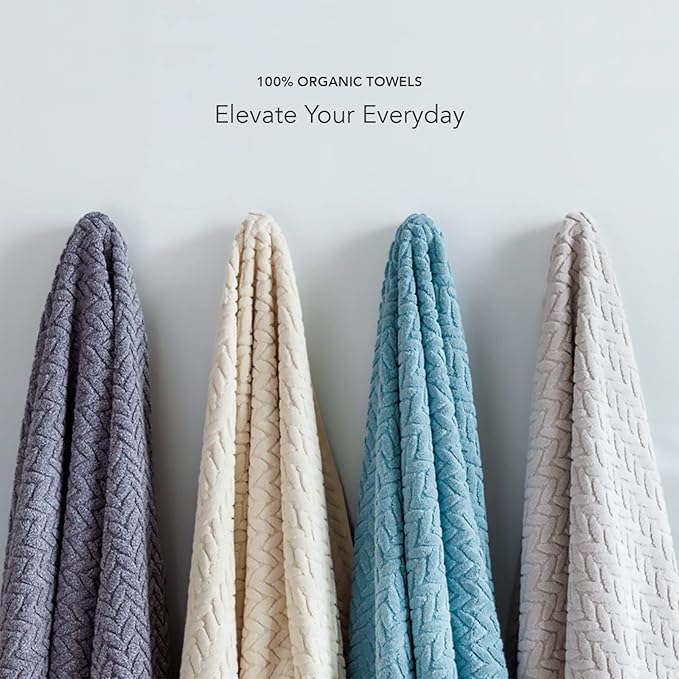 Texere 100% Organic Cotton Jacquard 650 GSM Premium Bath Towel Sets - Extra Absorbent Quick Dry and Plush (Cable, Birch, 2 Bath Towels)