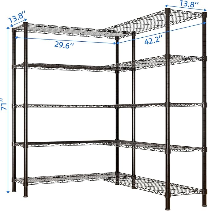 5 Tier Storage Racks Shelving, Heavy Steel Pantry Shelves, Adjustable Wire Shelving Rack, Suitable for Garage, Kitchens, Offices, 58" W x 13.8" D x 71" H, Black