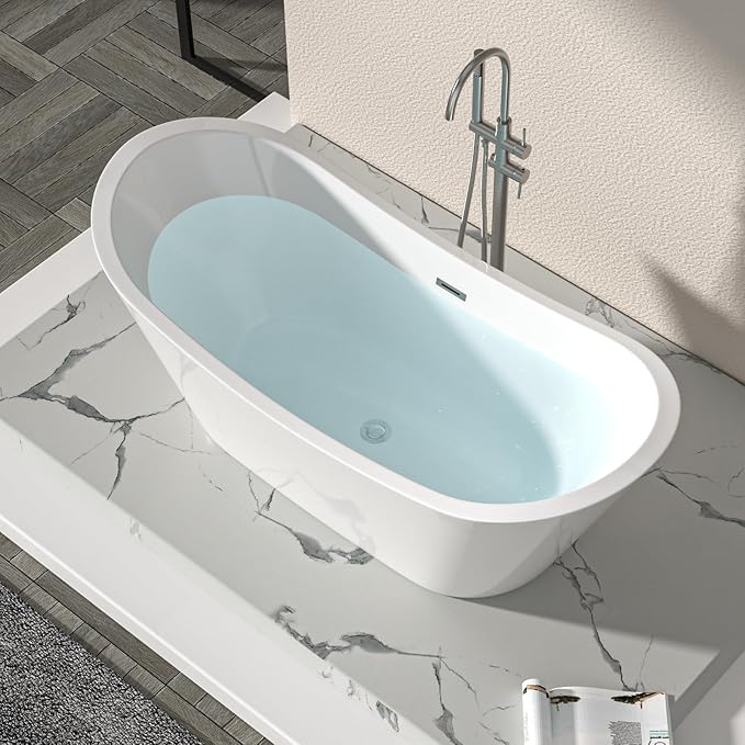 Logmey 67" Freestanding Bathtub White Acrylic Oval Shape Soaking Tub with Chrome Drain & Overflow Assembly for Classic Modern Bathrooms