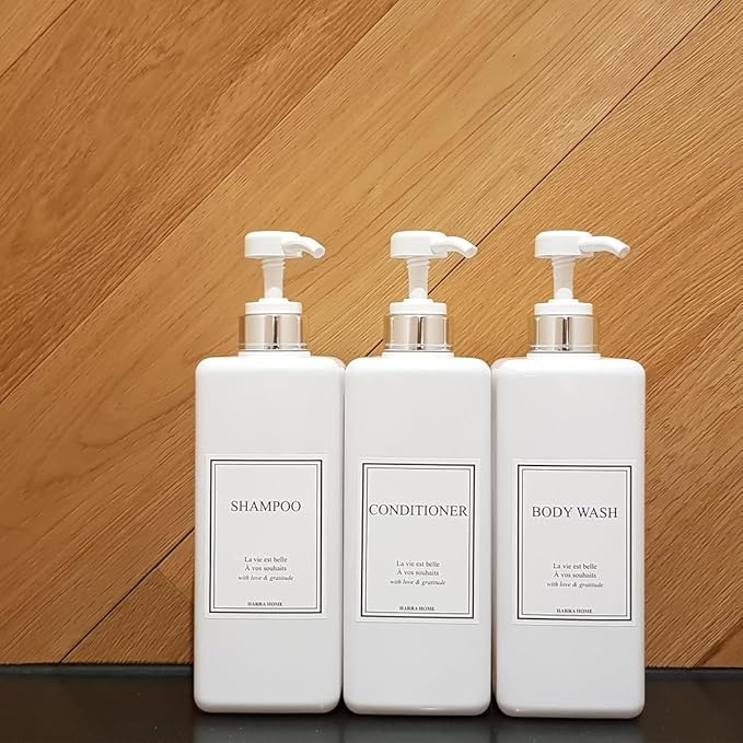 Modern Design Shampoo and Conditioner Dispenser, Large 27oz Shower Soap Dispenser, Set of 3 Refillable Empty Plastic Pump Bottles for Bathroom (6 Waterproof Labels Included), White & Silver