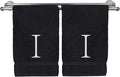 Monogrammed Hand Towel, Personalized Initial Gift, Extra Absorbent 100% Turkish Cotton - Soft Terry Finish - Set of 2 - White Block Initial I - Embroidered on Black Towels