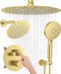 KOJOX Brushed Gold Thermostatic Shower System, Push Button Diverter Shower Faucet Set with 12" Ceiling Mount Rain Shower, 8" Wall Mount Shower Head, and 3-in-1 Handheld Spray