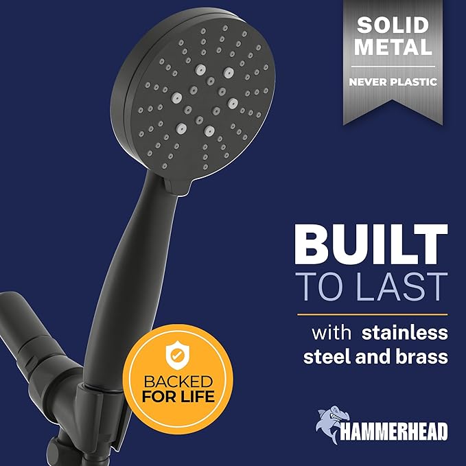 HammerHead Showers® Solid Metal 3-Spray Handheld Shower Head with Long Hose and Holder - MATTE BLACK - WIDE, MASSAGE, and MIST Sprays - 1.8 GPM Low Flow Handheld Showerhead - Water Saving Shower Head