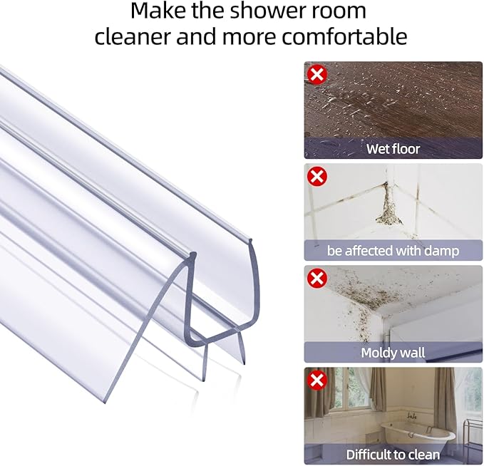 POZIA Shower Door Bottom Seal Frameless Glass Shower Door Seal Strip Clear Vinyl Durable Stop Shower Leaks and Create a Water Barrier Ultra Clear (2PACK-3/8in)