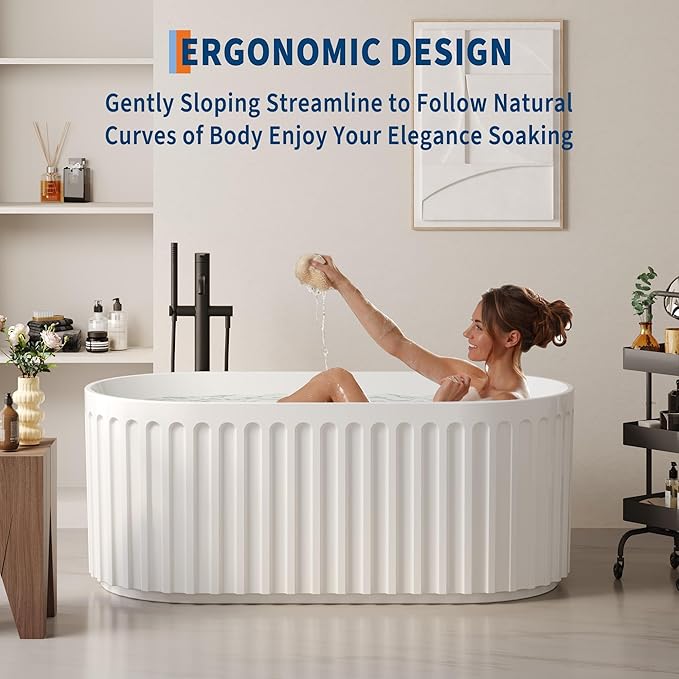 59" Freestanding Bathtub, Deep Soaking Tub with Non-Slip Base, CUPC Certified Stand Alone Tub, Modern Bathroom Soaker Tub with Chrome Drain, Easy Install, White