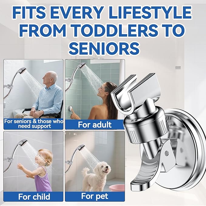 Adjustable Shower Head Holder, Bathroom Suction Cup Handheld Shower Head Bracket, Removable Wall Mounted Suction Bracket (Silver-1)