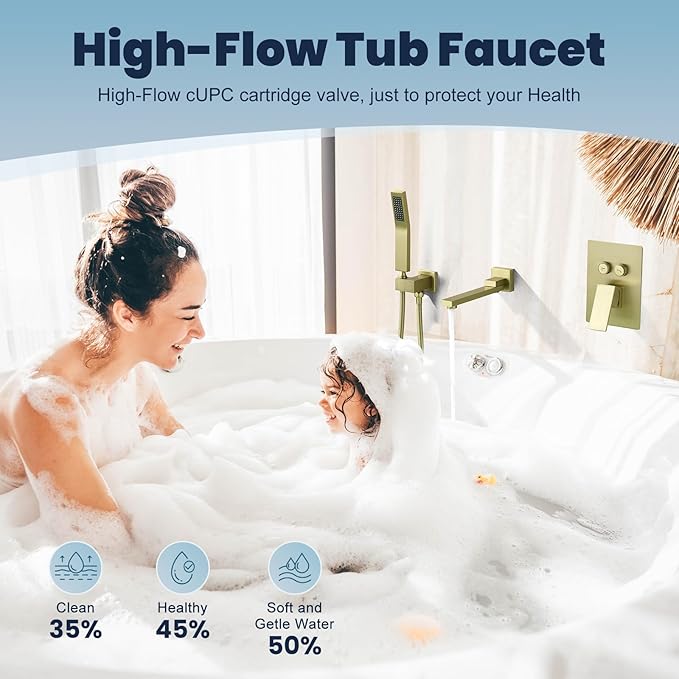 Wall Mount Bathtub Faucet Set Included 180°Swivel bathroom Tub Filler faucets and handheld Shower，high Flow Tub Spout with Solid Brass Push-button Diverter Pressure Balance Valve,Brushed Gold