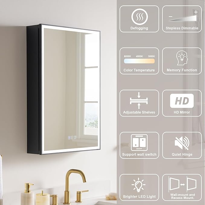 WELLFOR 20" X 30" LED Mirrored Medicine Cabinet, Medicine Cabinets with Lights for Bathroom, Defogging Function Mirror Cabinet, Bathroom Medicine Cabinet with USB Port & Outlet, Right Opening Doors