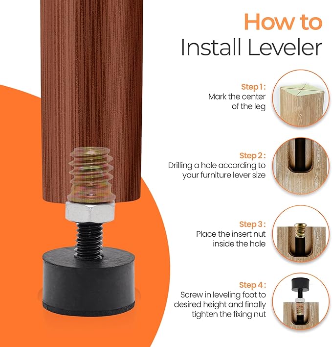 5/16 Rubber Adjustable Furniture Leveler，8 Pack Leveling Feet Screws in Threaded, Feet Levelers Screw On Furniture Glide Leveling for Table, Chair, Furniture Legs