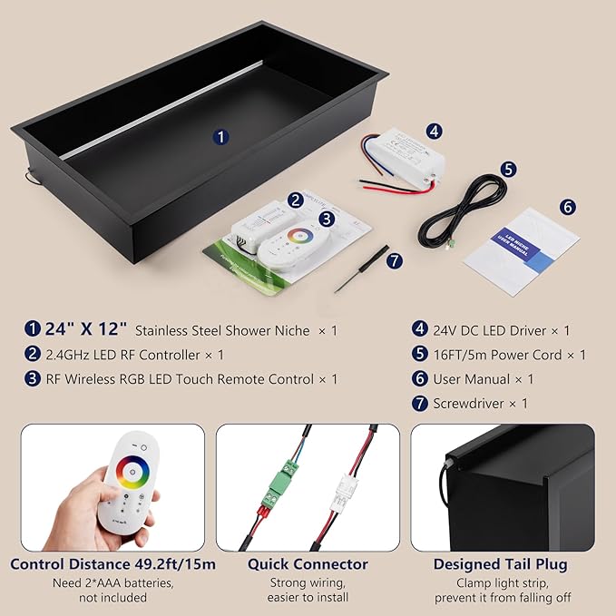 24" X 12" RGB LED Shower Niche No Tile Needed, 304 Stainless Steel Shower Niche Insert Tile Ready, Recessed Wall Shelf for Bathroom Storage Organizer with Remote Control, Matte Black