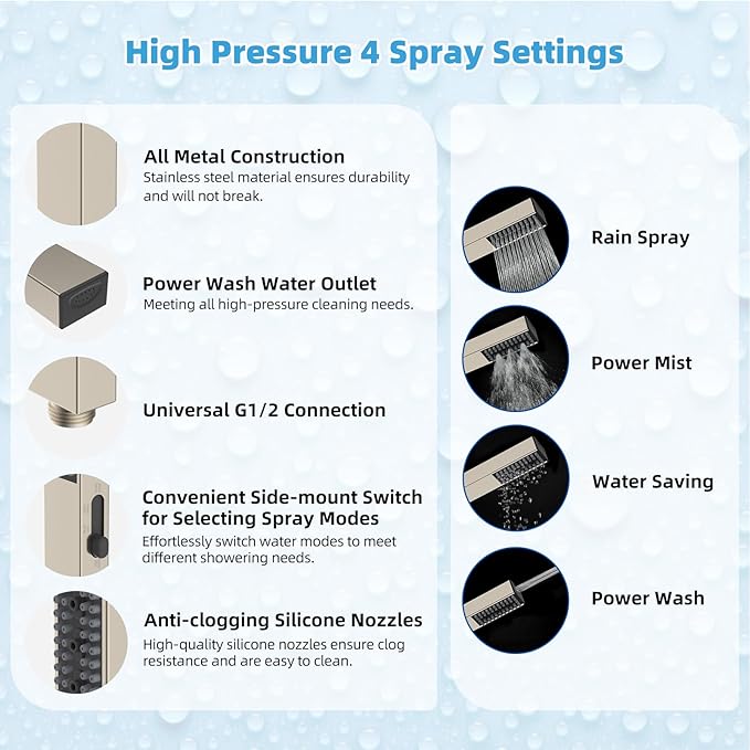 Hibbent All Metal CUPC Certified 10'' Rainfall Shower Head, Dual Shower Head Combo, High Pressure Handheld 4 Sprays Shower Wand, 16'' Adjustable Extension Arm, 71'' Hose, Shower Holder, Brushed Nickel