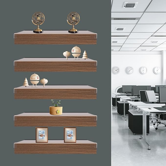 33 Inch Floating Shelves for Wall, 16 Inch Deep Hanging Shelf, Large Display & Storage Shelf for Bathroom, Bedroom, Living Room, Set of 5 (Dark Wood Color, 24 Inch)