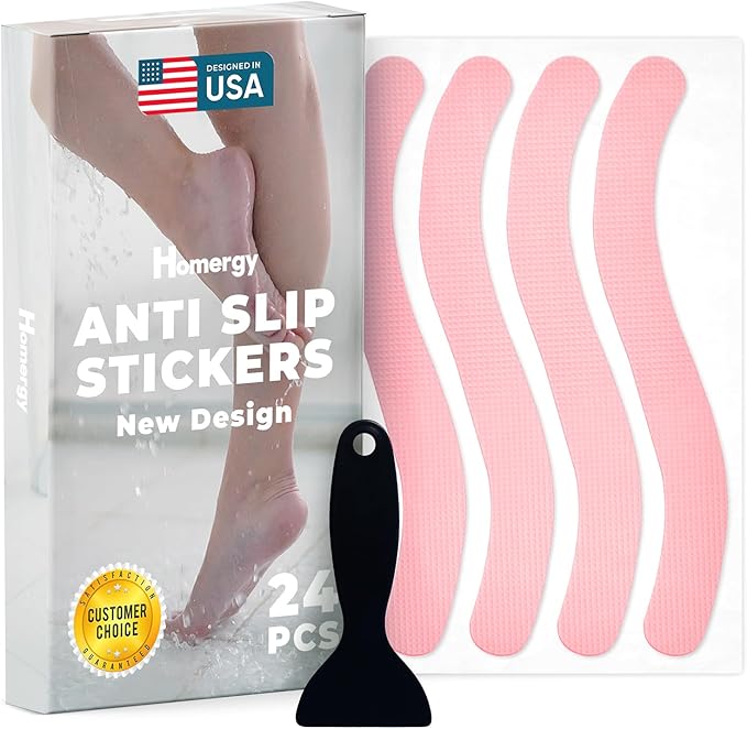Anti-Slip Shower Stickers - Help Reduce Slipping in Bathtub & Shower, Pink Non-Slip Bath Strips, Strong Adhesive Bathtub Appliques Suitable for Homes with Kids, Adults & Seniors - 24 Pcs - Homergy