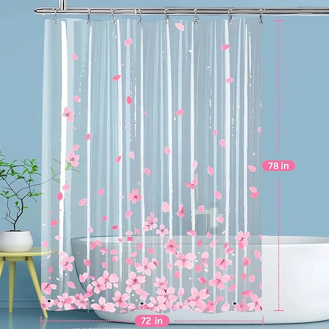 Clear Pink Floral Shower Curtain Liner, Cute Plastic Transparent Cherry Blossom Shower Curtain, Girly Flower Petals Spring Shower Curtains for Bathroom, 72x78 Shower Curtain Set with Magnets 12 Hooks