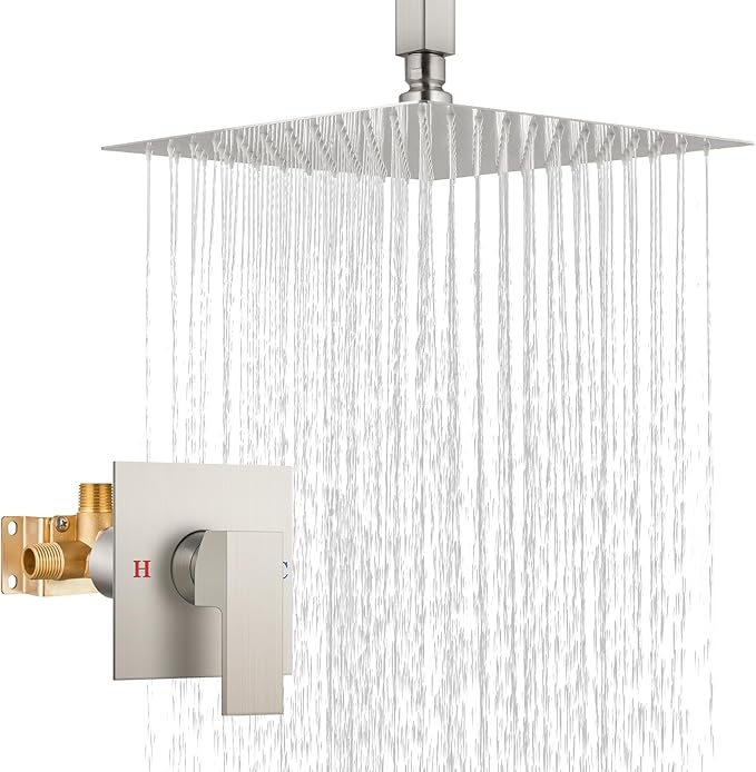 Airuida Shower Faucet Set and Handle Set Single Function Shower Trim Kit Ceiling Mount Rainfall Shower System with Male Threads and Rough-in Valve 10 Inch Square Shower Head Brushed Nickel