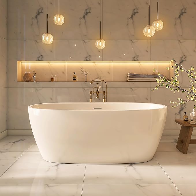 59" Acrylic Freestanding Bathtub, Tap Deck Bathtub, Stand Alone Tub, Soaking Tub with Integrated Overflow and Drain, cUPC Certified