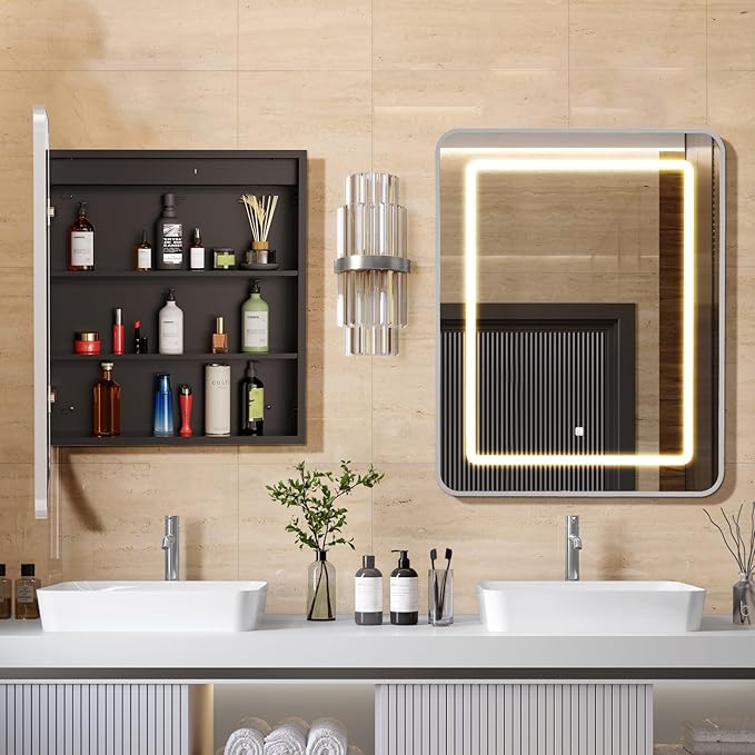 APRILSOUL 20X30 Inch Silver Bathroom Medicine Cabinet with Mirror, Recessed or Surface Lighted Medicine Cabinet with 3 Colors Temperature, Dimmable Light