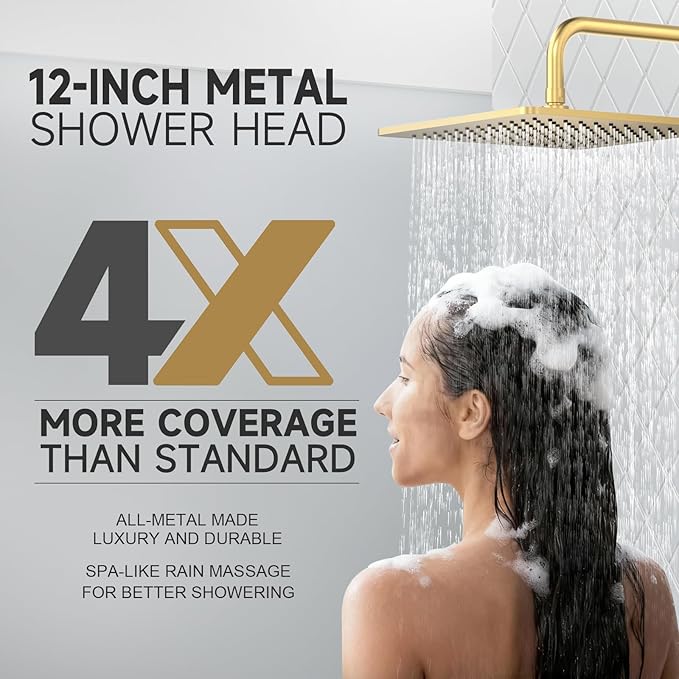 Lava Odoro 12-inch Square Bathtub and Shower Faucet Set Brushed Gold, Shower Trim Kit with Rough-in Valve High Pressure Gold Rainfall Shower Head and Handle Set, (Valve Included), SF106-SG-T