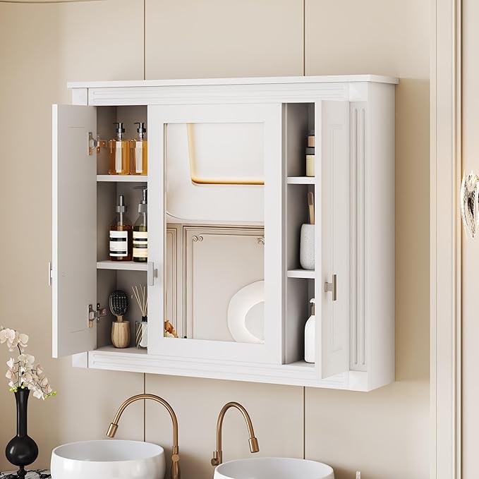 Merax Wall Mounted Bathroom Medicine Cabinet with Mirror, Bathroom Wall Cabinet with Doors and Shelves, 35" x 29" Mirrored Door Over Toilet Storage Cabinet, White