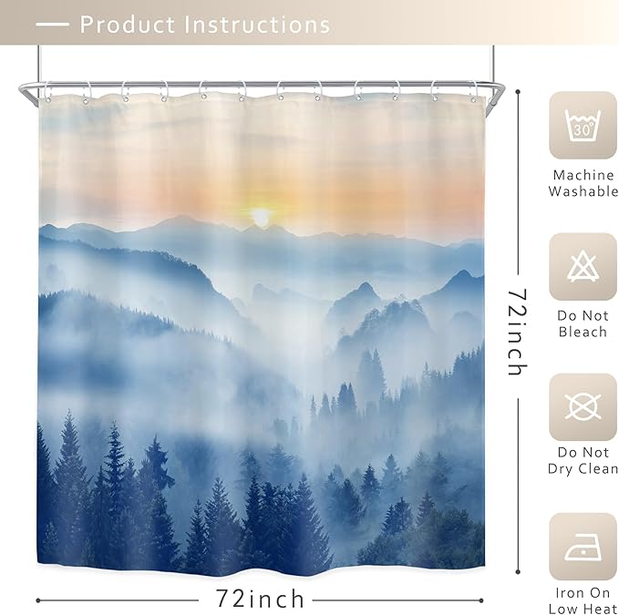 Riyidecor Misty Mountain Shower Curtain 72Wx72H Inch Blue Sunrise Scenery Foggy Woodland Greenery Smokey Tree Nature Pine Scenic Rustic Bathroom Decor Fabric Polyester Waterproof 12 Pack Hooks