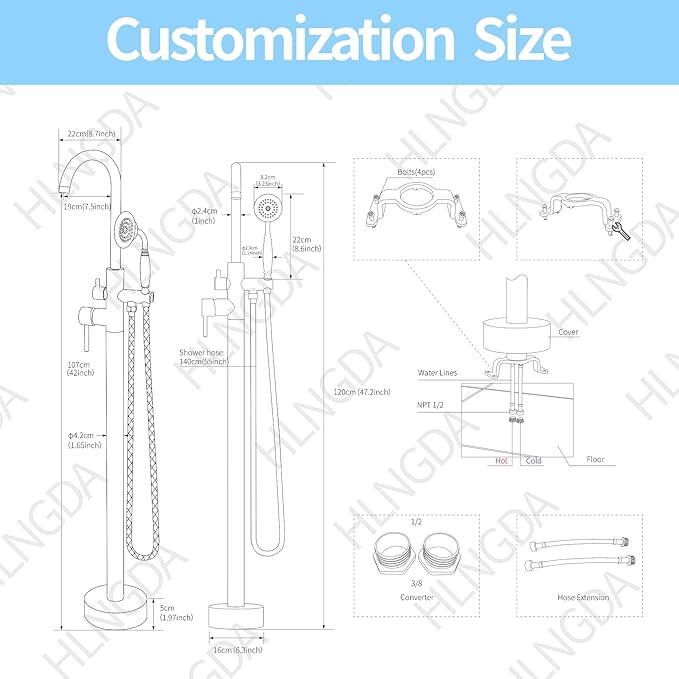 Freestanding Tub Filler Brushed Gold Floor Mount Bathtub Faucet Bathroom,Rough-in Valve 2 Function Handshower for Tub Rinsing Bathing,Anti-Wobble Base,Telephone-Shape Handheld