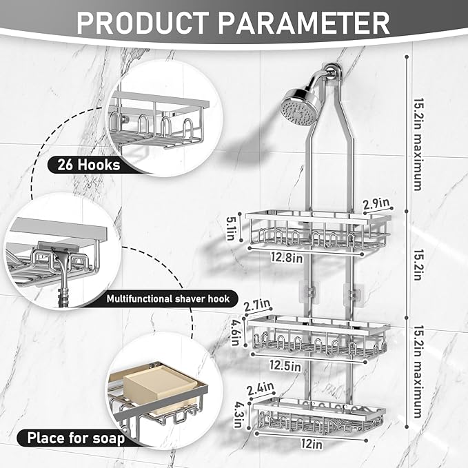 Shower Caddy,Rustproof Shower Shelves Over Shower Head,Triple Adjustable Storage,Silver