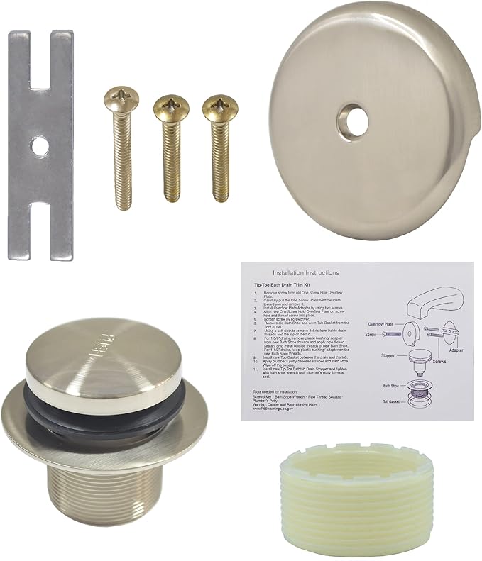 Tip-Toe Bathtub Drain Kit - with 1 Hole Bathtub Overflow Drain Cover & Tip-Toe Tub Trim Set (Brushed Nickel)