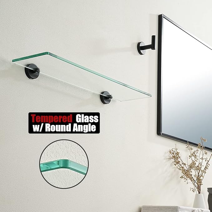 JQK Bathroom Glass Shelf Black, Tempered Glass Shower Storage 20 by 5 inches, 304 Stainless Steel Matte Black Wall Mount, 2 Pack, TGS101L20-PB-P2