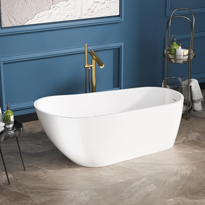 Sarlai 67 Inch Acrylic Freestanding Soaking Bathtub Contemporary Soaking White Tub Stand Alone Ergonomic Bathtub with Chrome Drain and Overflow
