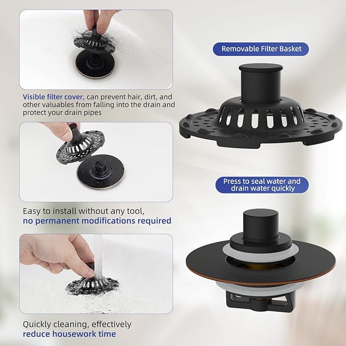 Metal 2 Pack Bathtub Drain Stopper with Top Hair Catcher, 3 in 1 Pop-up Bathtub Strainer, Tub Stopper with Detachable Stainless Steel Filter Basket for Standard 1.5 to 2.4'' Drain, Oil-Rubbed Bronze
