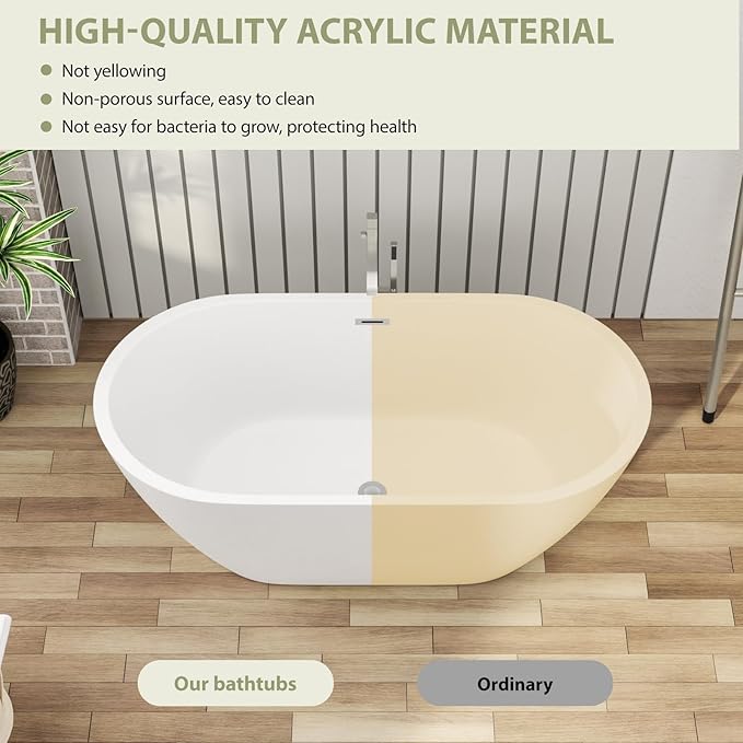 59" Acrylic Freestanding Bathtub - Mocoloo White Oval Shape Soaking Bath Tub with Stainless Drain and Overflow Assembly for Classic Modern Bathrooms