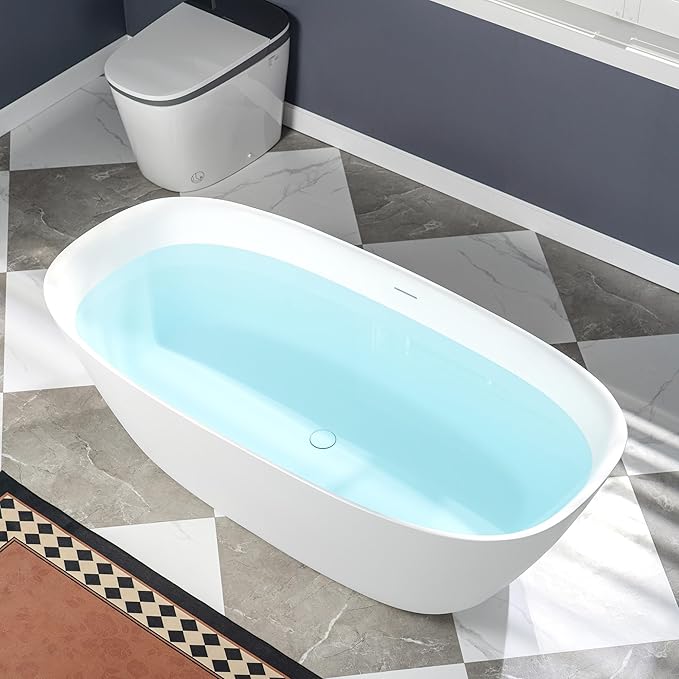 WOODBRIDGE 67" L x 32-5/8" W Luxury Contemporary Solid Surface Stone Resin Freestanding Bathtub in Matte White