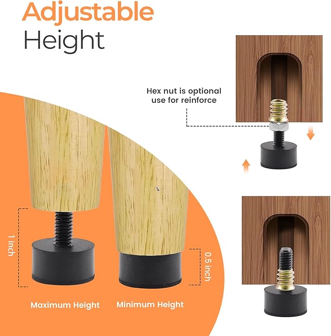 5/16 Rubber Adjustable Furniture Leveler，8 Pack Leveling Feet Screws in Threaded, Feet Levelers Screw On Furniture Glide Leveling for Table, Chair, Furniture Legs