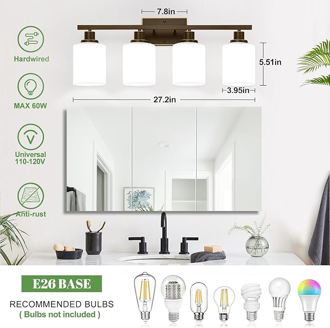 4-Light Bathroom Light Fixtures, Vanity Light with Milky White Shades, Oil-Rubbed Bronze Bathroom Light Fixtures Over Mirror, Modern Bathroom Wall Lamp for Mirror Living Room Cabinet Bedroom
