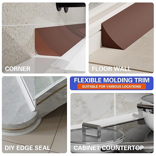 Flexible Molding Trim, Flexible Bendable Adhesive Caulking Strip, Molded Trim, Peel and Stick Home Decorative Edge for Bathroom, Kitchen, Floor, Wall (Dark Brown, 0.83in x 0.24in x 10ft)