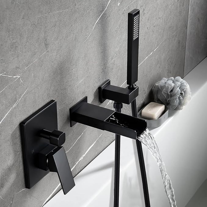 TapLong Matte Black Wall Mount Tub Filler Faucet Set with Hand Held Shower, Modern Bathtub Faucet with Waterfall Tub Spout Solid Brass Single Handle Shower Faucet Set with High Flow Rough in Valve