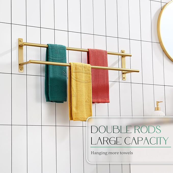 KOKOSIRI 32 Inch Bathroom Towel Racks Double Towel Bar Bath Towel Holder Towel Hanger Towel Shelf Wall Mount Stainless Steel Brushed Gold B5010BG-L32