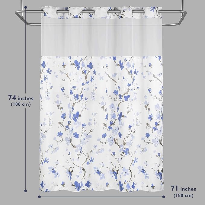 Lagute SnapHook Hook Free Shower Curtain with Snap-in Liner & See Through Top Window | Hotel Grade, Machine Washable | 71Wx74L, Blue Blossom