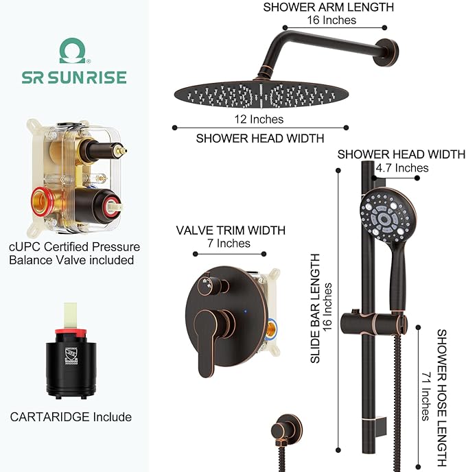 SR SUN RISE 12 Inch Oil Rubbed Bronze Shower System, Wall-Mount Adjustable 16-Inch Slide Bar with 6-Function Hand Shower Faucet Included Valve and Trim Kit