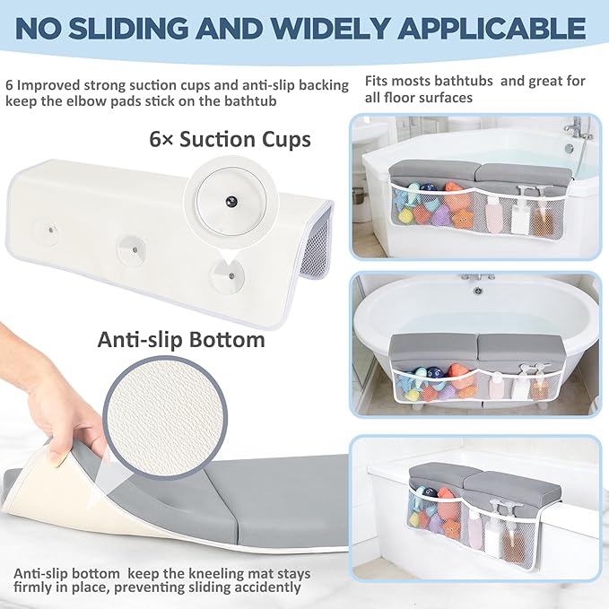 beiens Bath Kneeler and Elbow Rest Pad Set - 1.5'' Comfortable Baby Bath Kneeler Pads, Thick Quick Dry Kneeling Pad Support for Knee& Arm, Large Bathtub Mat with Toy Organizer for Happy Baby Bath Time