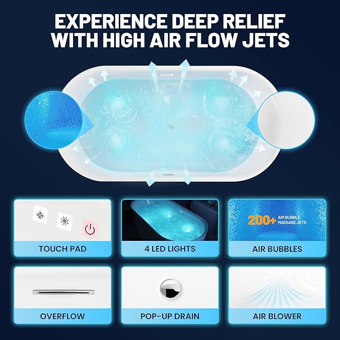 ANZZI 67" Freestanding Air Jetted Whirlpool Bathtub - White Acrylic Soaking Tub with LED Lights & Touch Controls | FT-AZ067