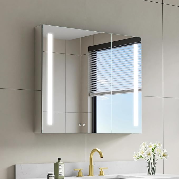 WELLFOR 36" X 30" LED Medicine Cabinet with Mirror, Double Opening Door, Recessed or Surface Cabinet Mirror, Bathroom Mirror Cabinet, Medicine Cabinet with Lights with Outlets & USB Ports